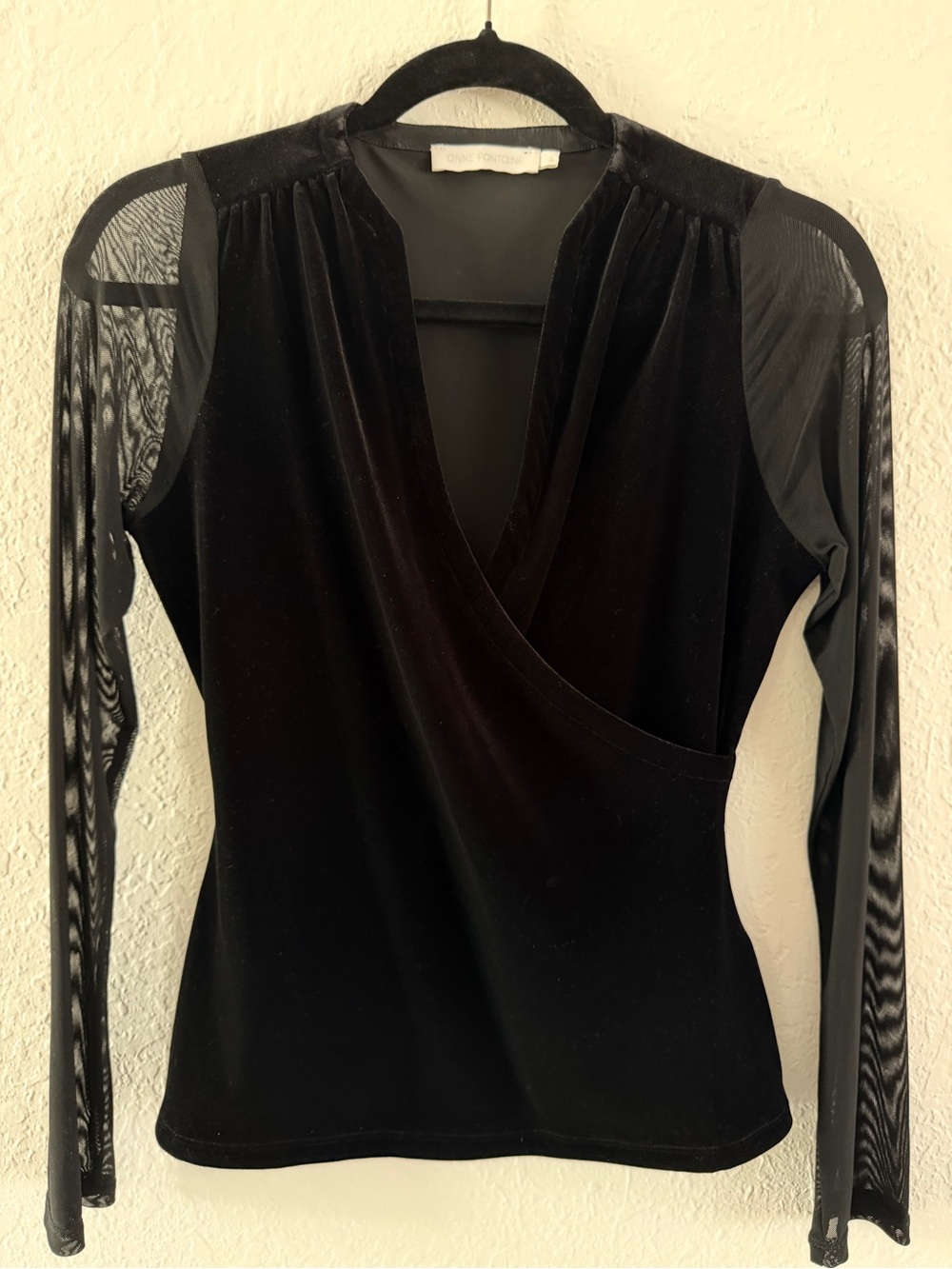 Anne Fontaine Black Velvet & Mesh Sleeve Wrap Top Size Small